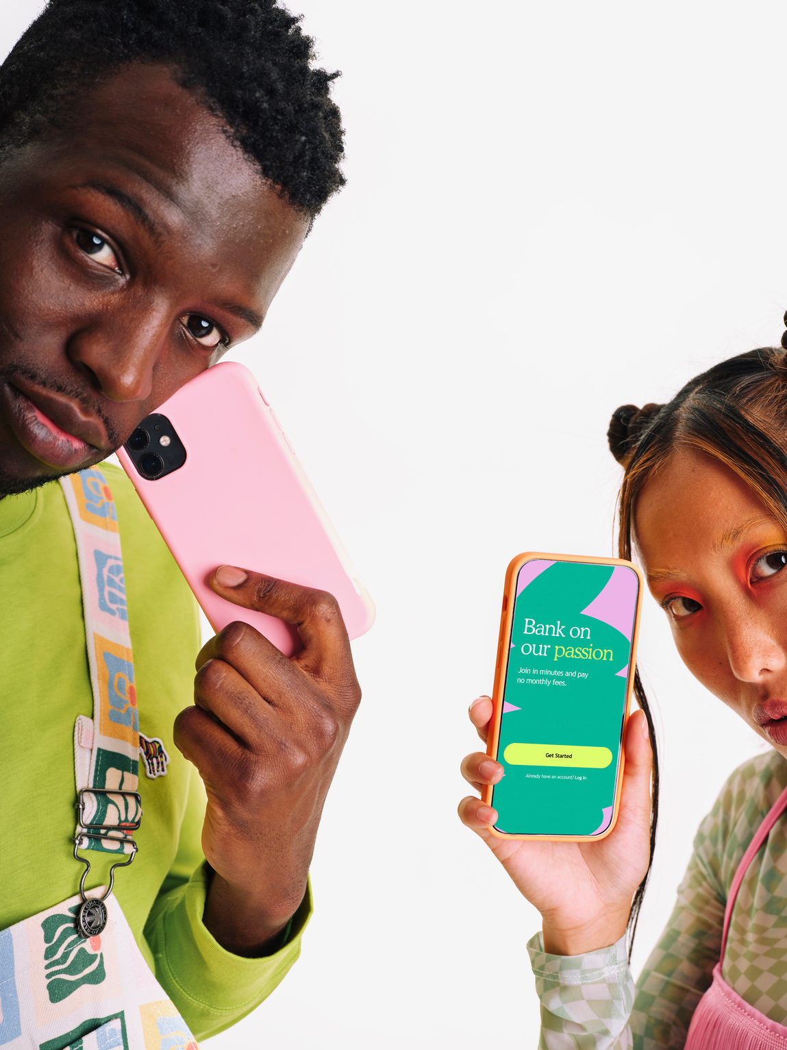 Modern Fintech Man and Woman Holding Smartphones