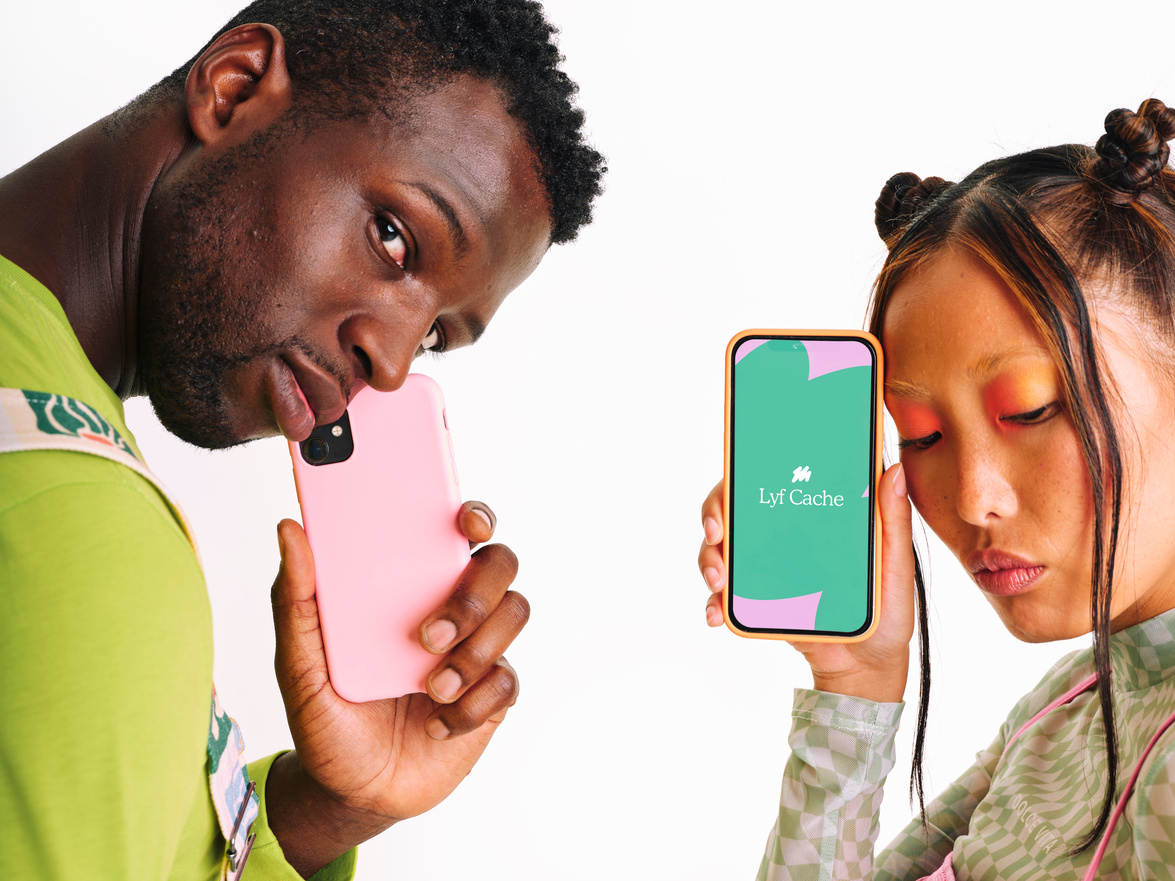 Modern Fintech Man and Woman Holding Smartphones